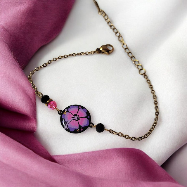 Bracelet dessiné Flora acier inoxydable violet et fuchsia 