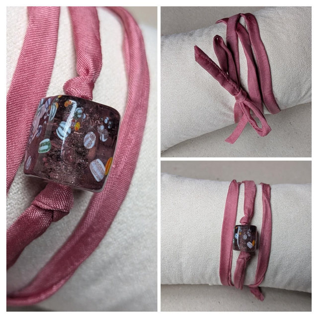 Bracelet en soie naturelle vieux rose et perle cube"millefiori", pièce unique 