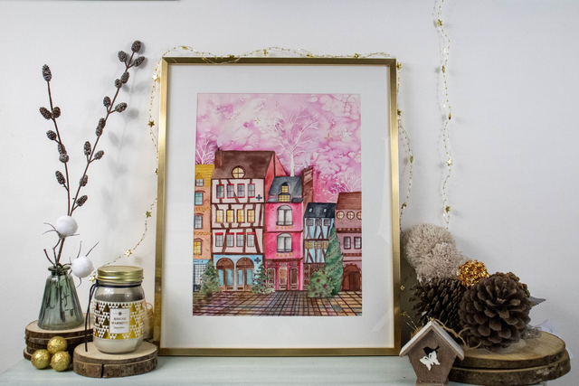 Aquarelle originale Encadrée - Normandie rose