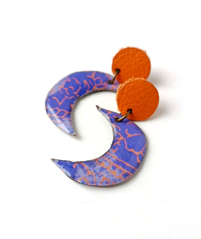 Boucles d'Oreilles Lunes Minimalistes en Carte de Tarot, papier &amp; chutes de Cuir Recyclées - Bohèmes