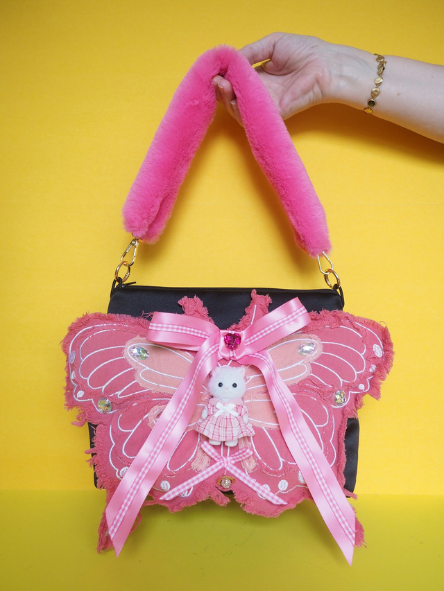 Jade Kitty Pink Denim Butterfly Mini Sweetheart Handbag