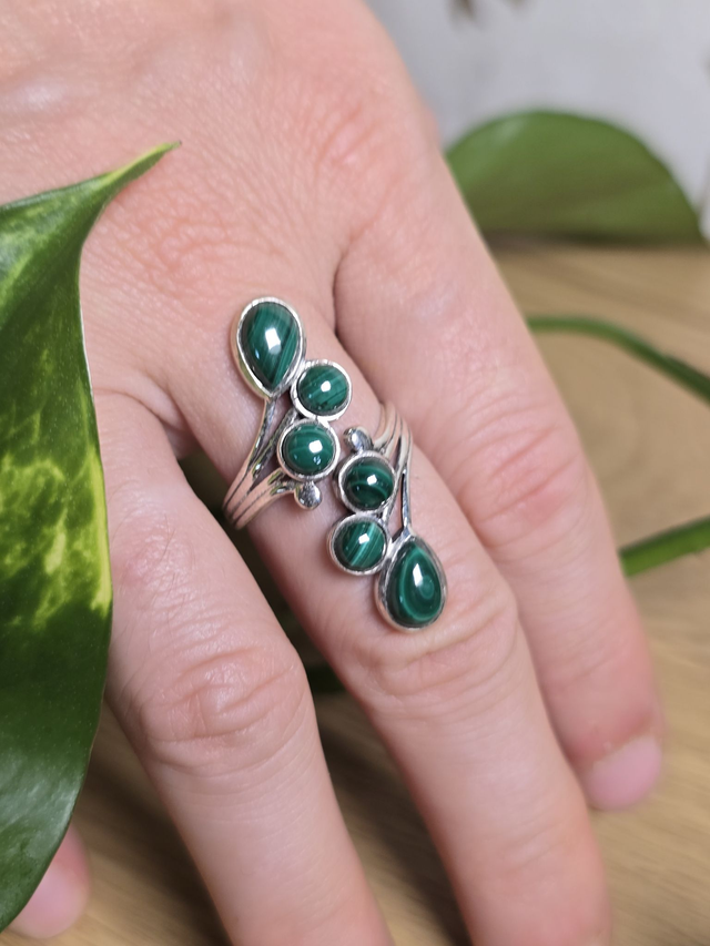 Bague &quot;Constellation&quot; en Malachite et argent 925 (Qualité AA+)