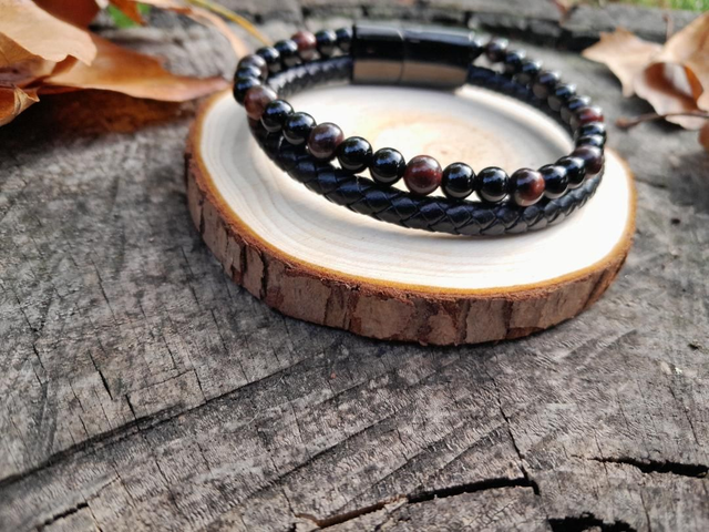 Bracelet cuir noir oeil du taureau onyx