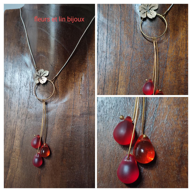 Z-Collier fleur et gouttes en verre rouge monté sur fil de lin avec chaîne d&#039;extension en acier inoxydable doré -piece unique 