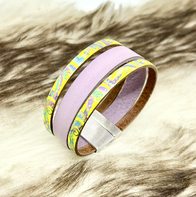 Bracelet en cuir parme et vert