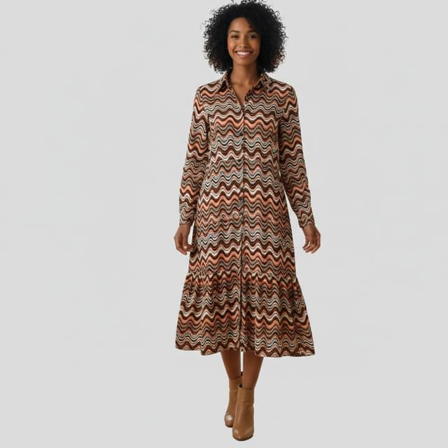 Robe Longue Boutonnée à Motifs Vagues - Coupe Chemise et Bas Volanté