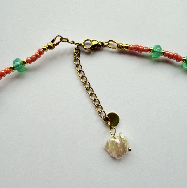 NALA - Coral Orange & Turquoise Beaded Choker Style Necklace