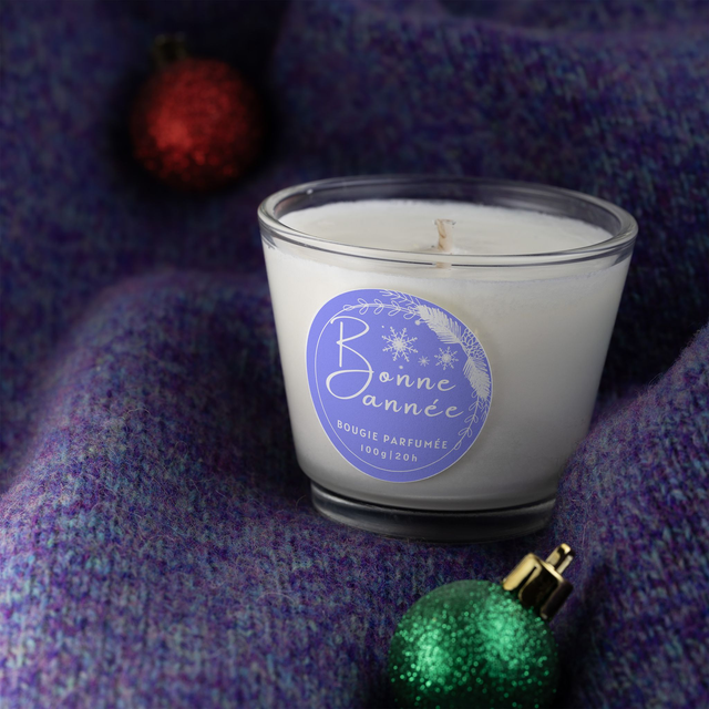 Bougie artisanale parfumée en cire de soja avec étiquette personnalisée - Cadeau pour Noël, Nouvel An, Fêtes de fin d'année, 100g (JN10)