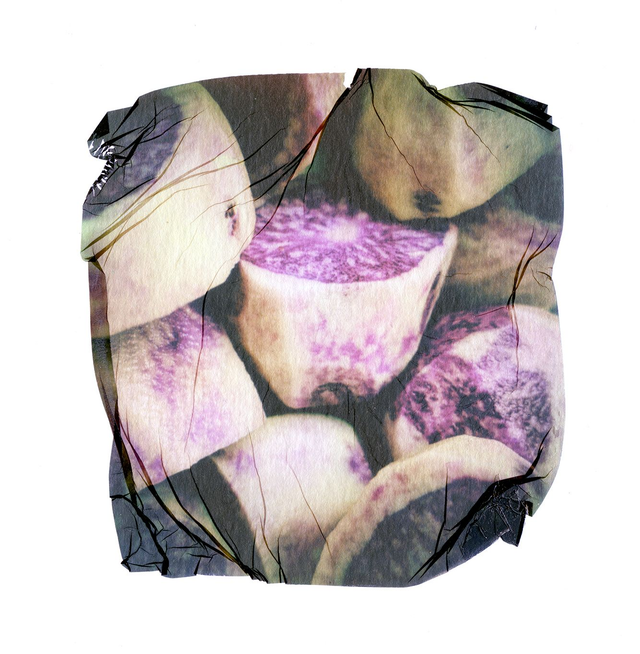 Kitchen Artwork - Polaroid Emulsion Lift Purple Potatoes - 12x12 inches