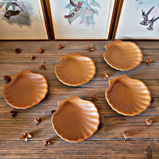 X Coupelles vintage Emile Henry forme coquille Saint-Jacques en grès marron (lot de 5)