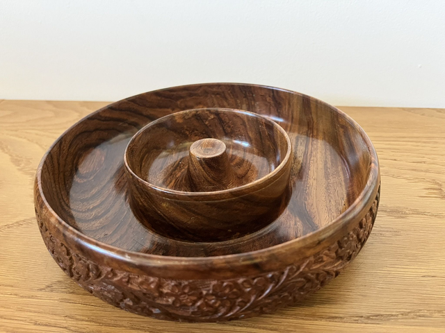 Sheesham Wood Table Double Snack Bowl Twin.