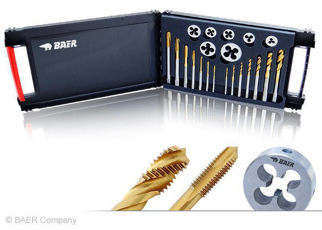 BAER Set HSSE-TIN: Gewindebohrer Durchgangs- & Sackloch | Schneideisen: M 3 - 12