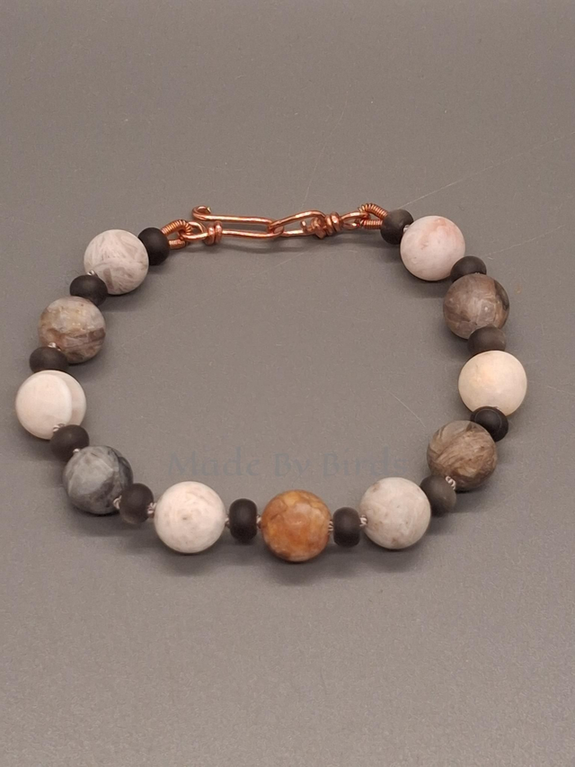 Hand Knotted Bamboo Leaf Jasper &amp; Silver Sheen Obsidian Bracelet With Copper Clasp