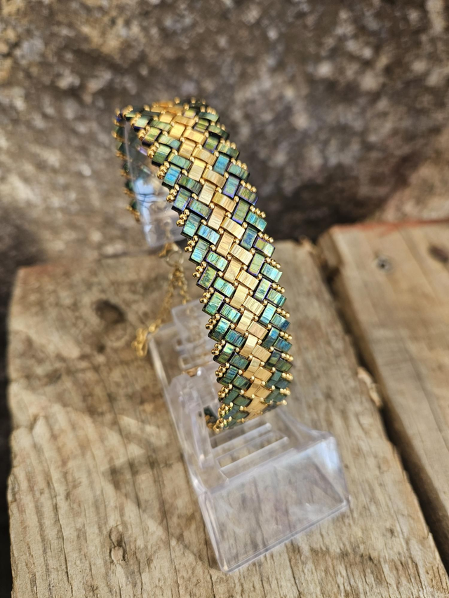 7 - bracelet Tila brillant vert / bleu et doré 