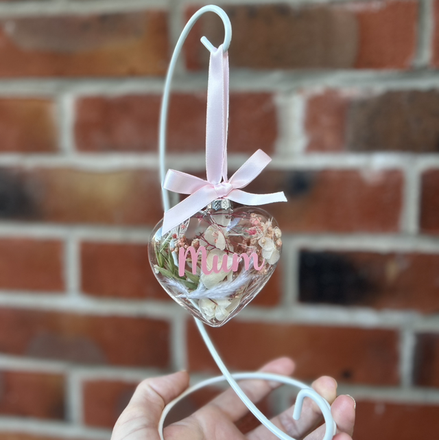 Mum glass heart bauble with artificial flowers