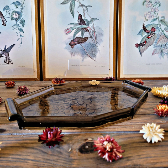 Plateau style art déco en verre noir fumé avec anses