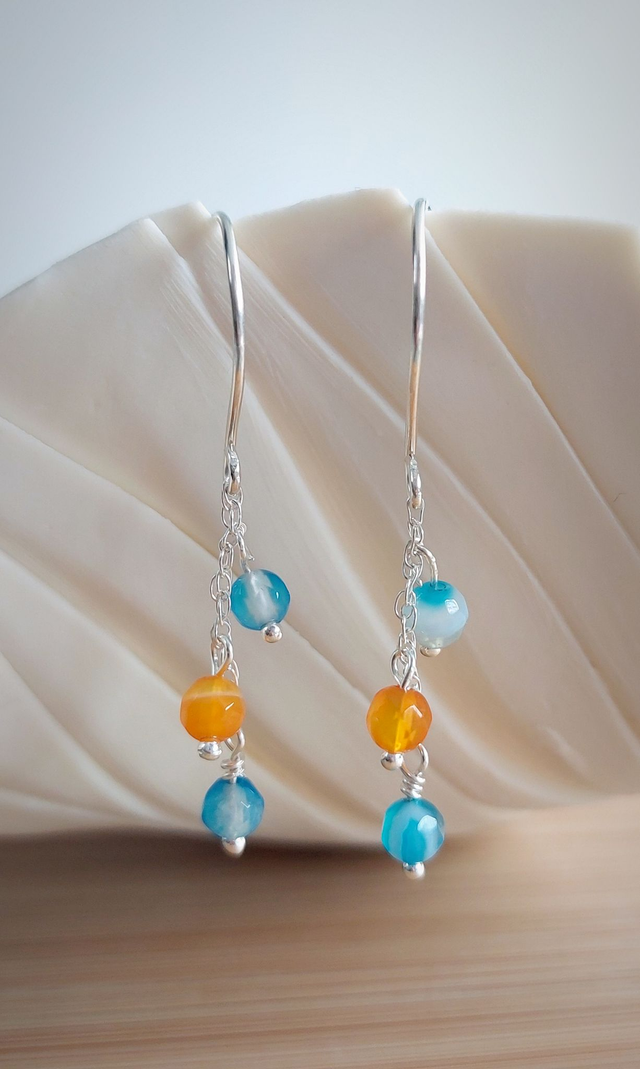 Sterling silver orange and blue agate drop earrings
