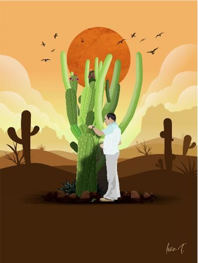 César cuidando cactus