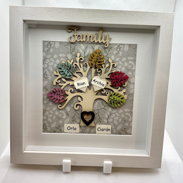 Wooden Family tree with colourful wooden leaves. Personalised.