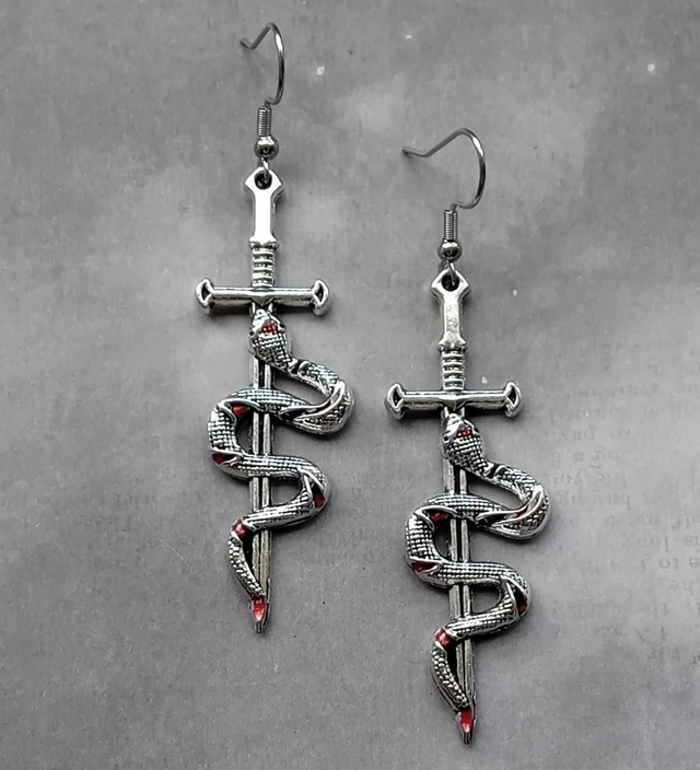 Red Snake and Sword Earrings 