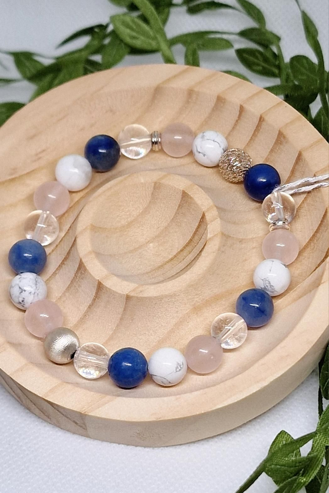Bracelet Aventurine bleue, Quartz rose, Howlite, Cristal de roche 