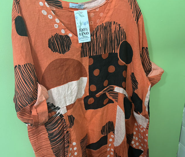 100% Linen - Orange and Black Pattern Dress/Top - Free Size - 1815