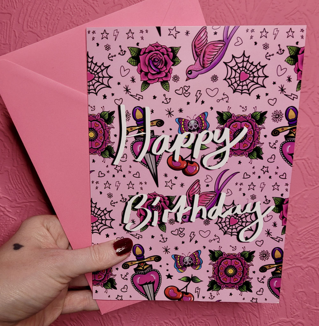 Pink Tattoo Flash Birthday – A5 Greetings Card