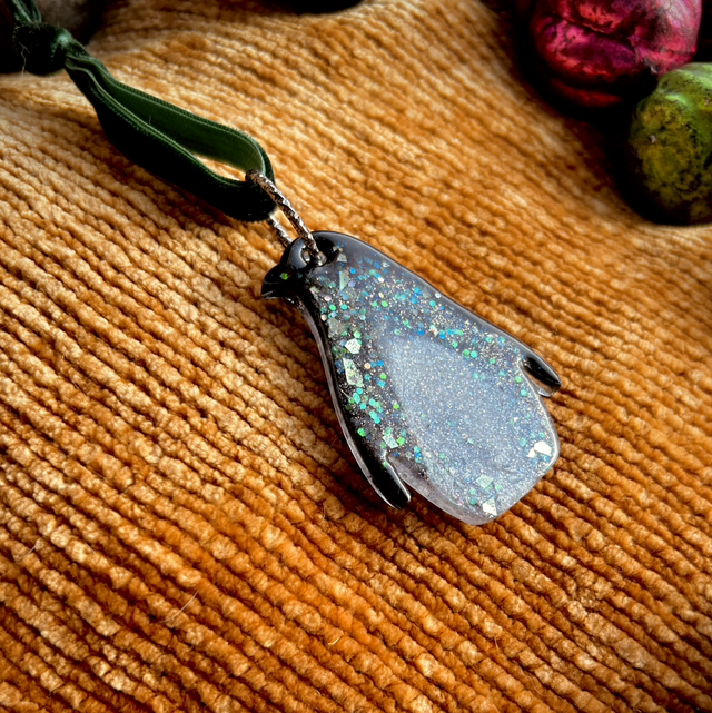 Penguin Decoration- Black, Grey and Green Iridescent