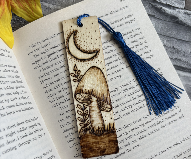 Mushroom and crescent moon. Handmade. Pyrography. Handburnt.