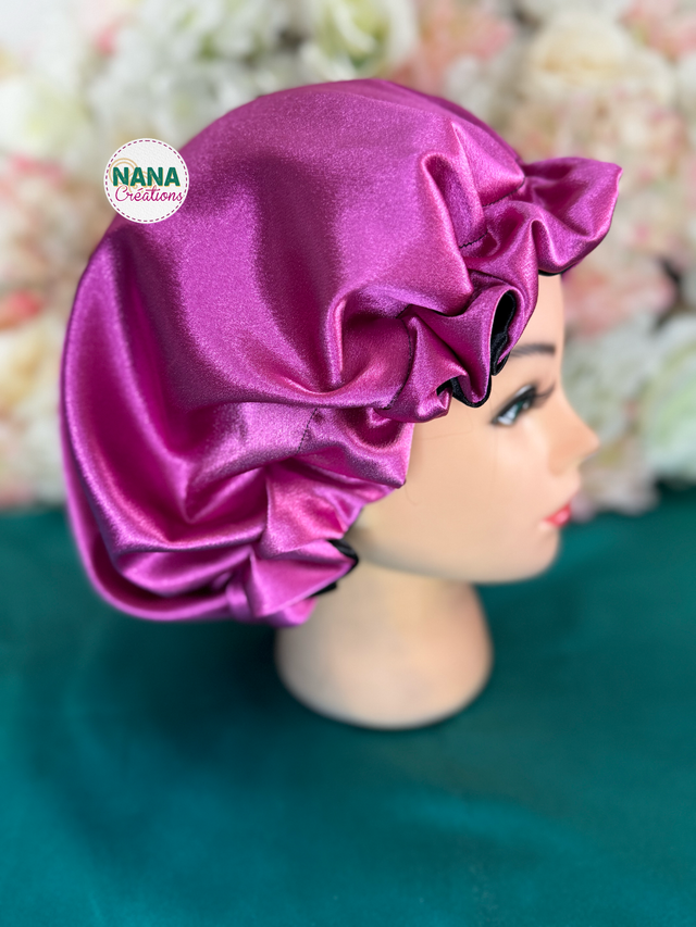 Pack Framboise - Bonnet satin réversible bicolore + 2 chouchous assortis | Fait main | Protection cheveux | Fuchsia et noir