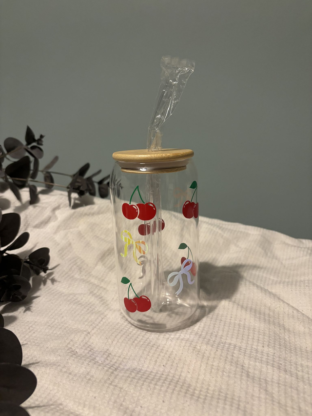 Cherries and Bows Glass Can Cup (Vinyl)