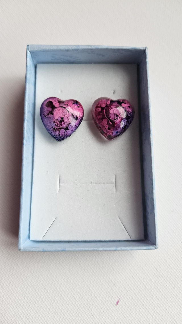 Handmade Resin Heart Stud Earrings – Pink &amp; Purple Alcohol Ink | One-of-a-Kind