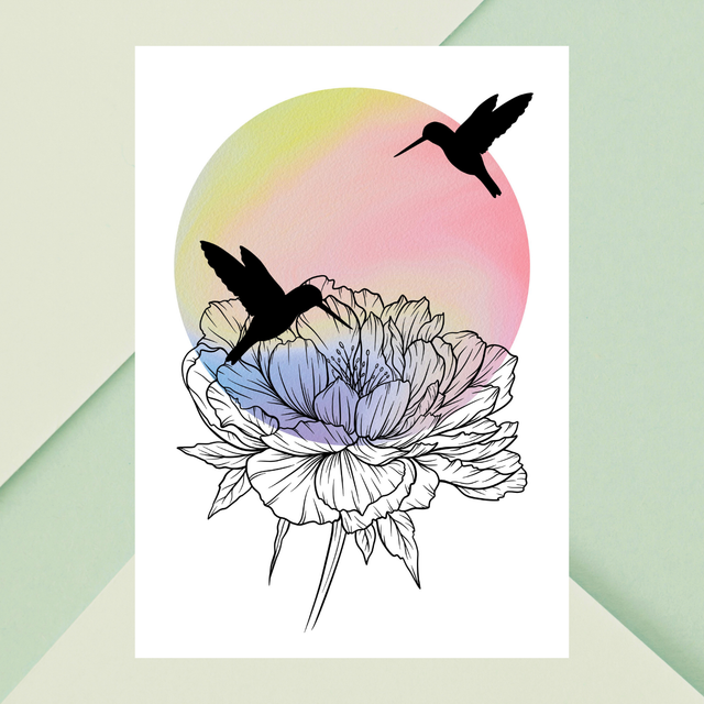 Impression Deux Colibris en Silhouette sur une Fleur - Décoration Murale Nature / Two Hummingbirds Meeting on a Flower Art Print - Nature Wall Decor