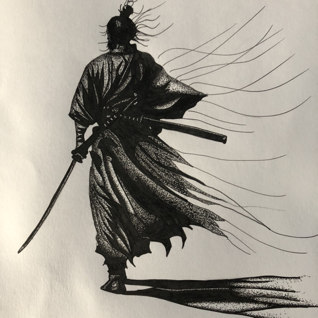 Guerrier samouraï seul - 44 x 54 cm - encadrement noir
