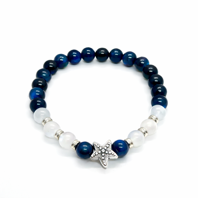 Bracelet Étoile &amp; Océan — Œil de Tigre Bleu &amp; Pierre de Lune