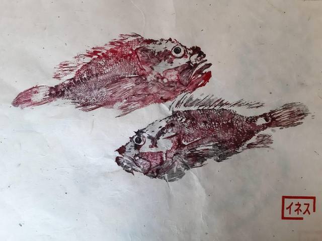 Scorfani .  30x40 gyotaku su carta di riso