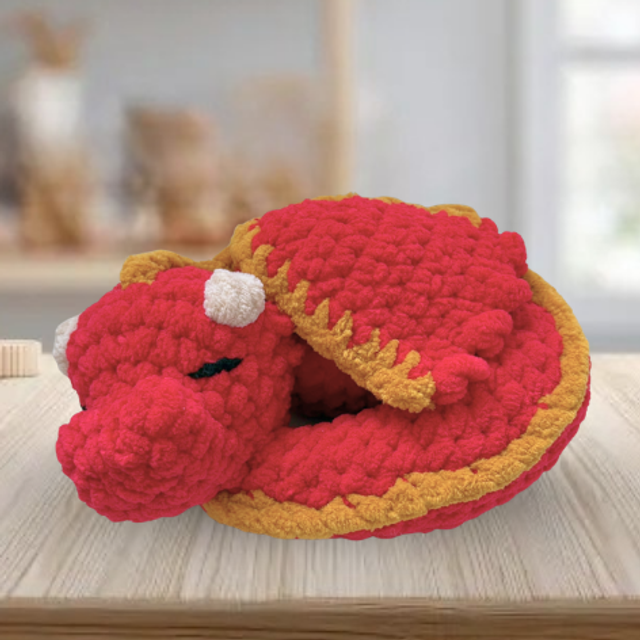 Crochet Plush Large Sleeping Dragon, Red &amp; Gold, Ukca tested