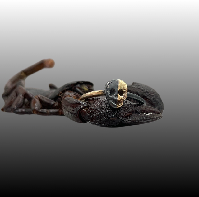 Yin Yang Skull Ring 9ct Gold and Oxidised Silver 