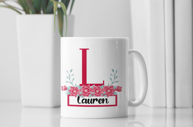 Personalised Name Mug - Red Flower Design 