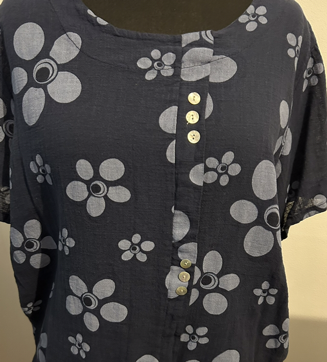 LMF - Two Tone Blue Flowery Top - Free Size - 1014