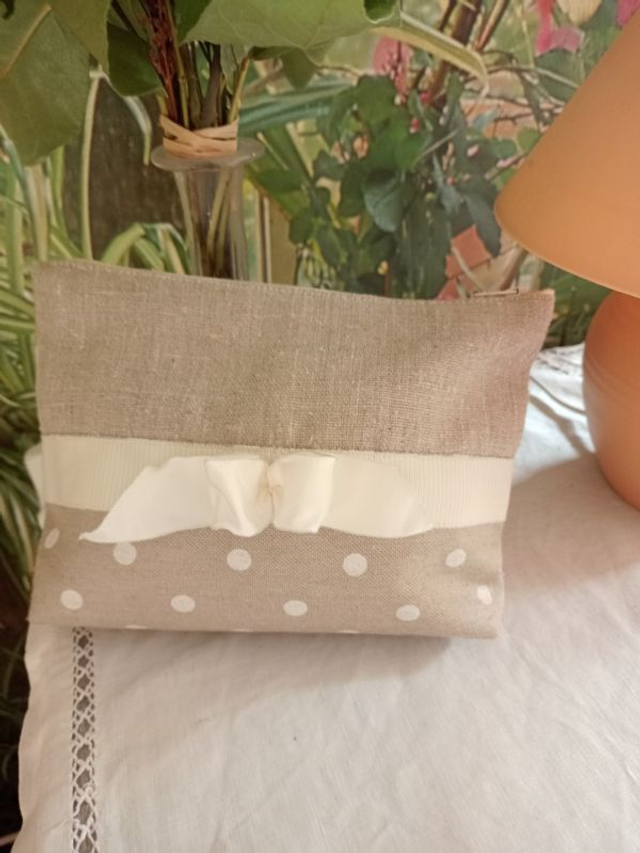 Trousse pochette "camaïeu de beige"  lin coton et ruban doublée coton fermée par zip