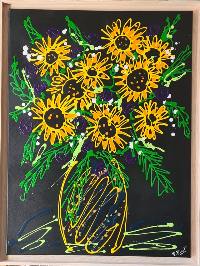 le bouquet jaune sur fond noir 60x80