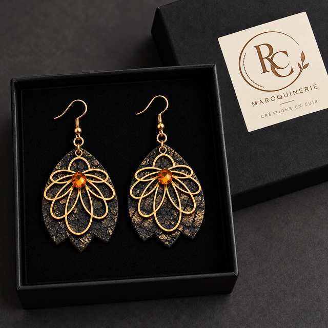 Éclat Mordoré – Boucles d’oreilles en cuir aux formes florales originales