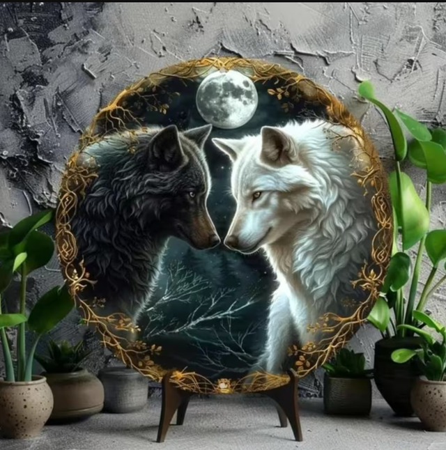 Vintage rond metalen bord Wolven en maan (20cm)