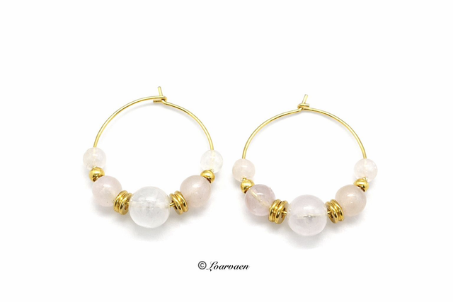 Boucles d’oreilles créoles «  Flora » –  Quartz rose et quartz rose aura Angel 
