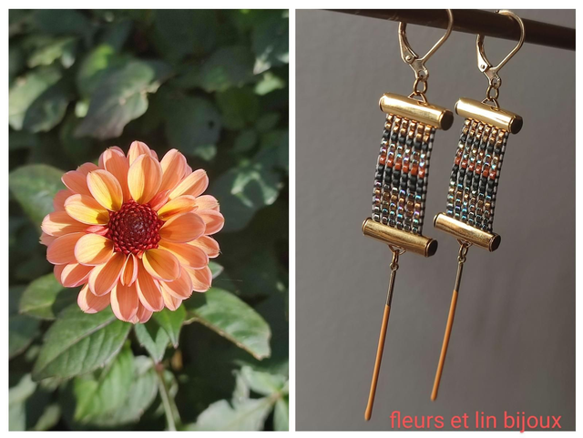 Boucles d&#039;oreilles tissées main en perles de verre miyuki orange, cuivre, noir, pièce unique, sans nickel 