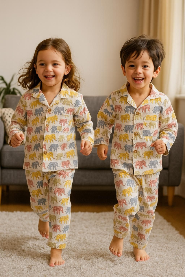 Pyjama enfant 3/4 ans blanc – Motif éléphants multicolores, top et pantalon avec poche, pochette assortie