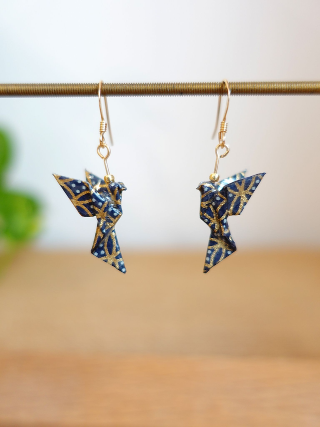 Origami Colombe, oiseau / GOLD FILLED, Or laminé / Boucles d'oreilles / Papier japonais washi / Bleu gris, or / Bijou japonais origami /