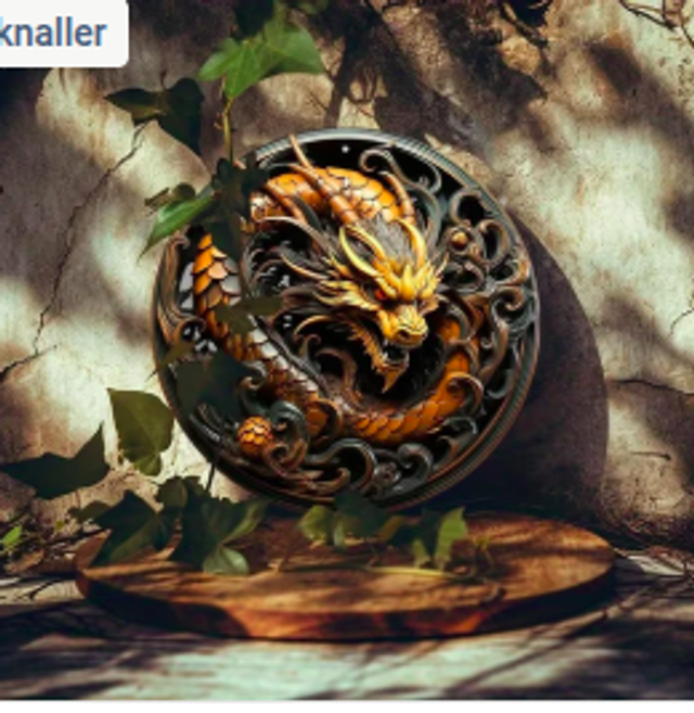 Wanddecoratie metalen bord Gouden Draak (20cm diameter)