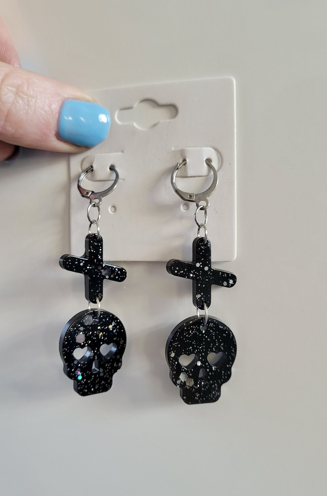 Earrings | Black Skull and Crosses Silver Glitter Sparkle | Stainless Steel Hoops